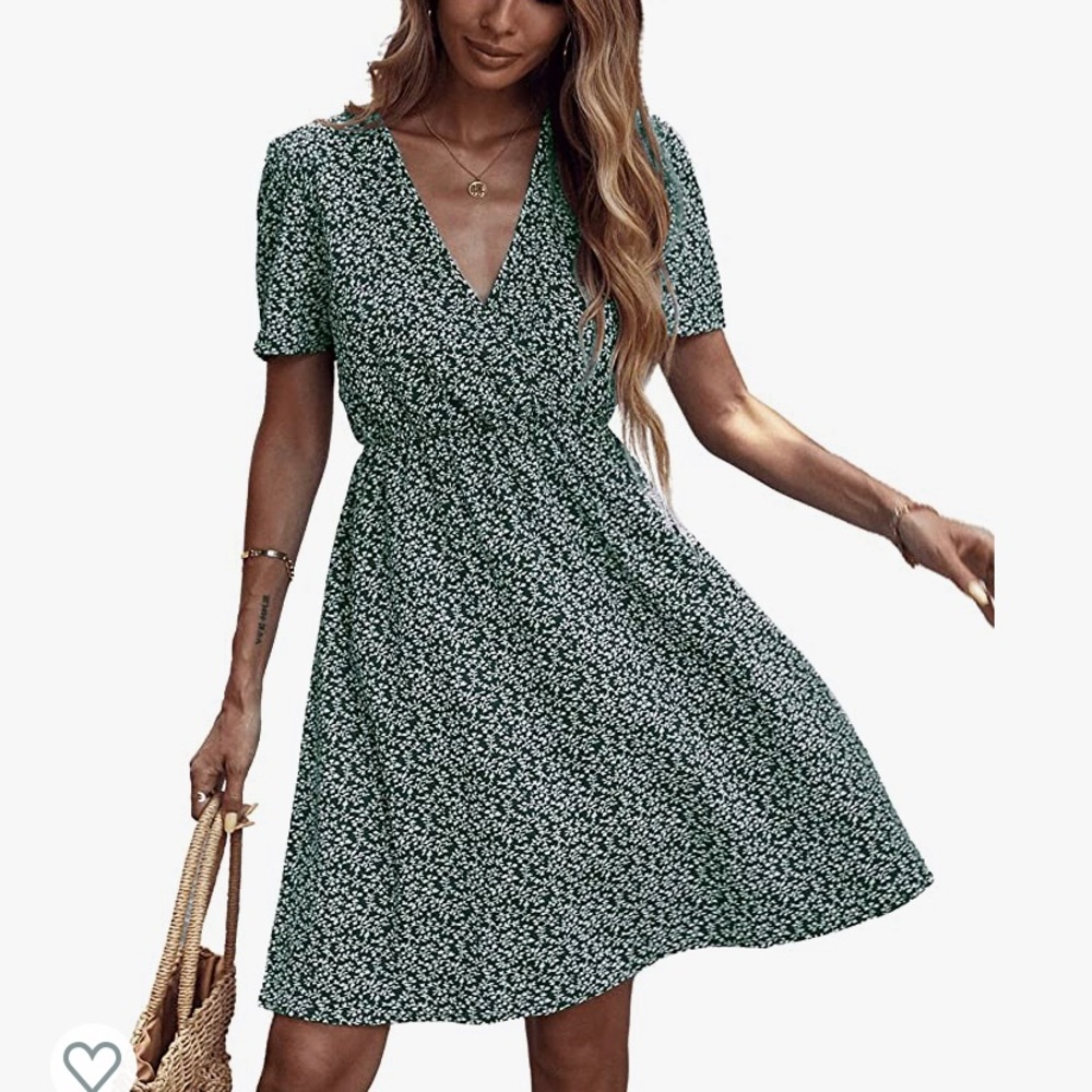 V Neck High Waist A Line green floral print dress